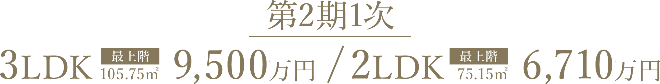 第2期1次　最上階 3LDK 105.75㎡ 9,500万円/最上階 2LDK 75.15㎡ 6,710万円